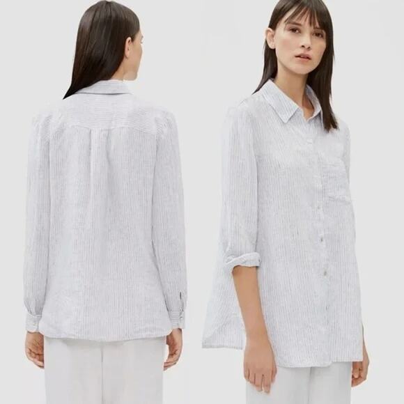 Eileen Fisher Striped Linen Crinkle Shirt Pearl Medium Classic Collar - Picture 2 of 9